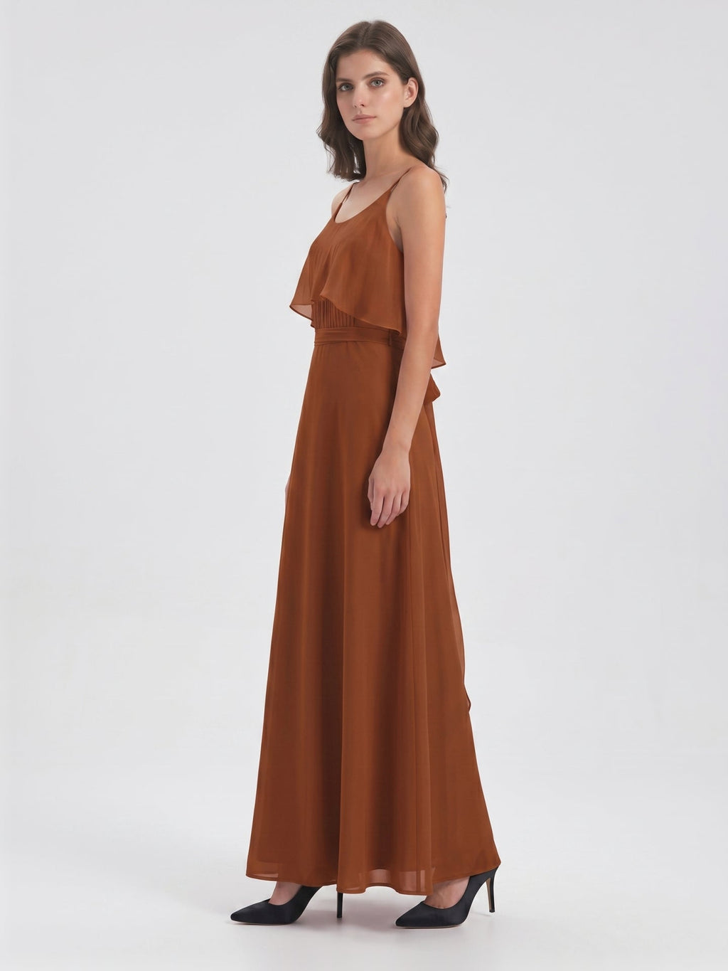 Terracotta Chiffon Sheath Scoop Neck Backless Floor-Length Bridesmaid Dress with Bow - Curvevia