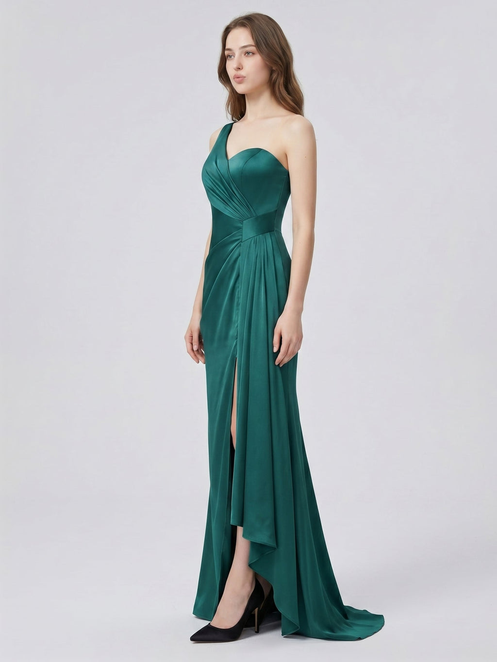 Peacock Satin Sheath One Shoulder Backless Floor-Length Pleated Bridesmaid Dress - Curvevia