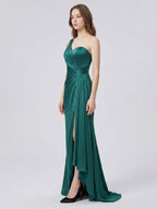 Peacock Satin Sheath One Shoulder Backless Floor-Length Pleated Bridesmaid Dress - Curvevia