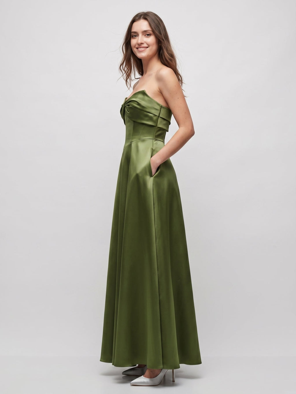 Olive Green Satin A-Line Off-the-Shoulder Back Zip Floor-Length Bridesmaid Dress with Pockets - Curvevia