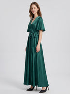 Peacock Satin A-Line V-Neck Side Zip Floor-Length Bridesmaid Dress with Bow - Curvevia