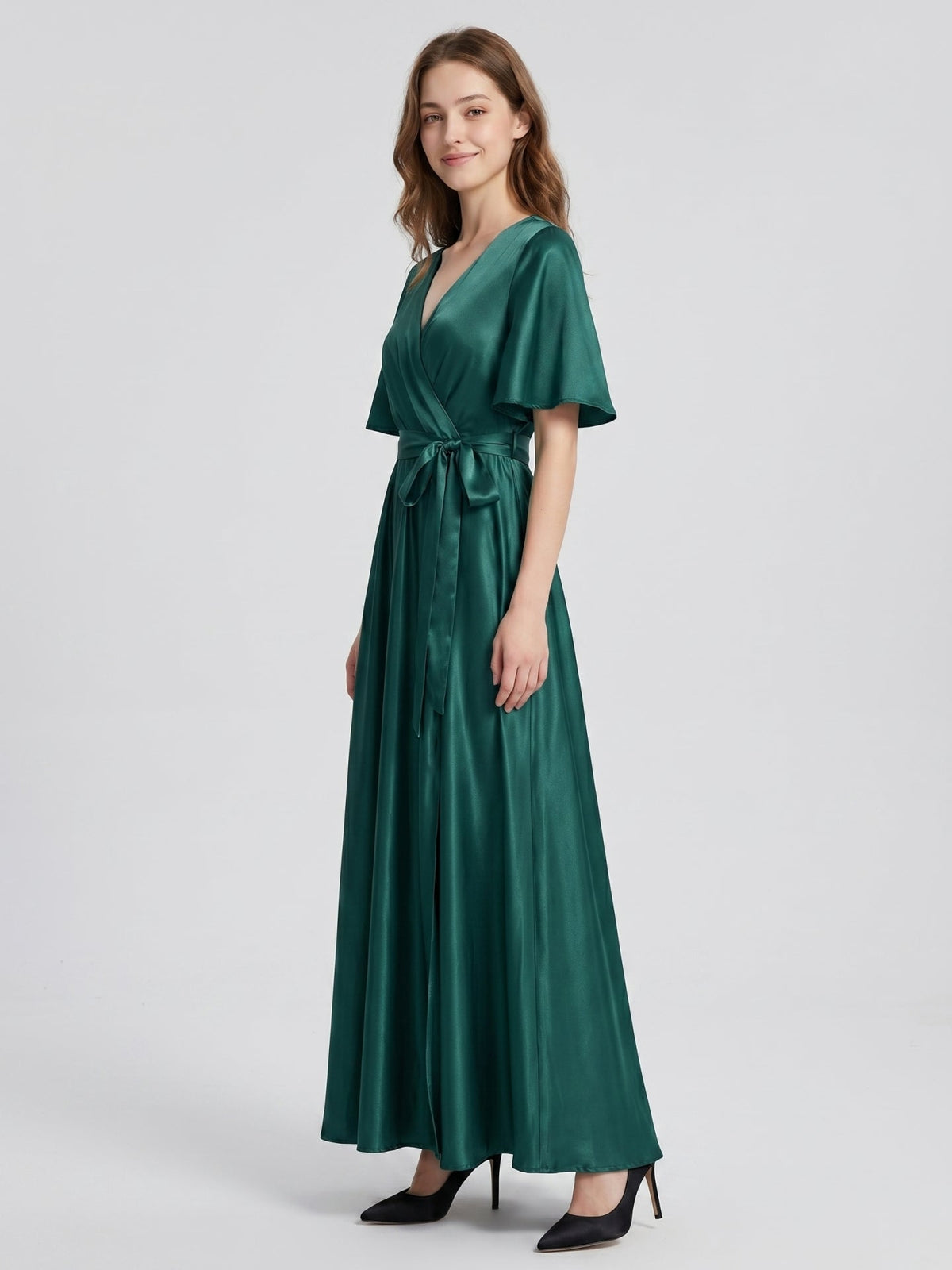 Peacock Satin A-Line V-Neck Side Zip Floor-Length Bridesmaid Dress with Bow - Curvevia