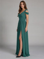 Peacock Chiffon A-Line V-Neck V-Back Floor-Length Pleated Bridesmaid Dress - Curvevia