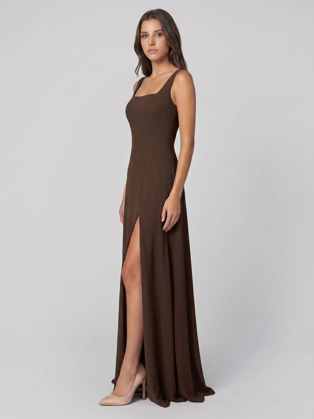Mocha Chiffon A-Line Square Neck Backless Floor-Length Bridesmaid Dress - Curvevia