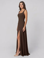 Mocha Chiffon A-Line Square Neck Backless Floor-Length Bridesmaid Dress - Curvevia