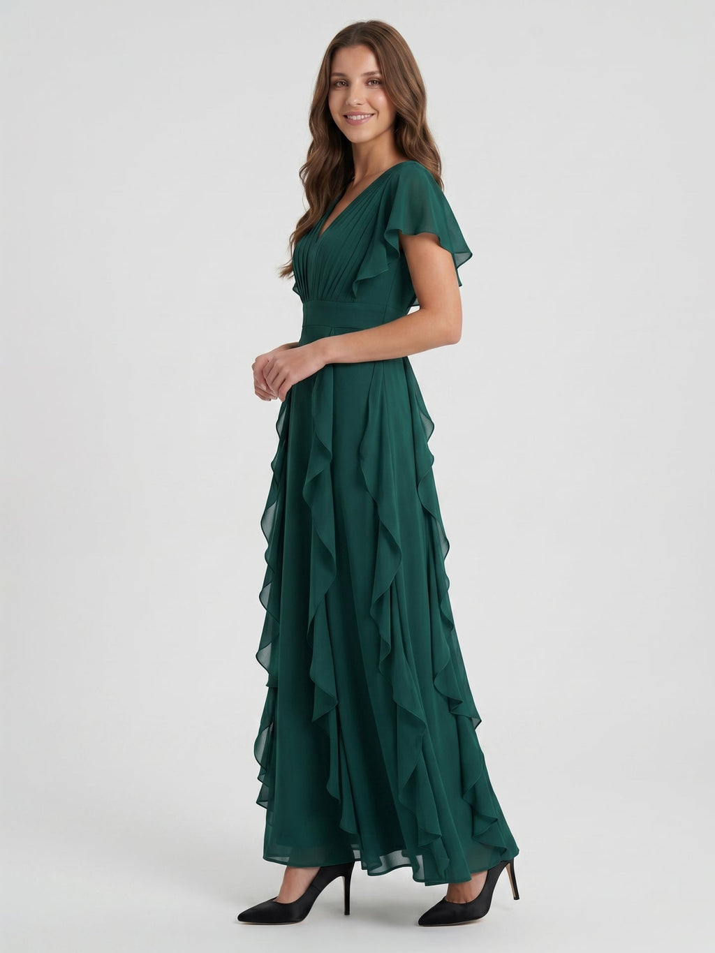 Peacock Chiffon A-Line V-Neck V-Back Floor-Length Ruffle Bridesmaid Dress - Curvevia