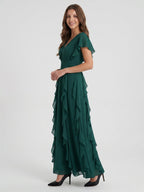 Peacock Chiffon A-Line V-Neck V-Back Floor-Length Ruffle Bridesmaid Dress - Curvevia