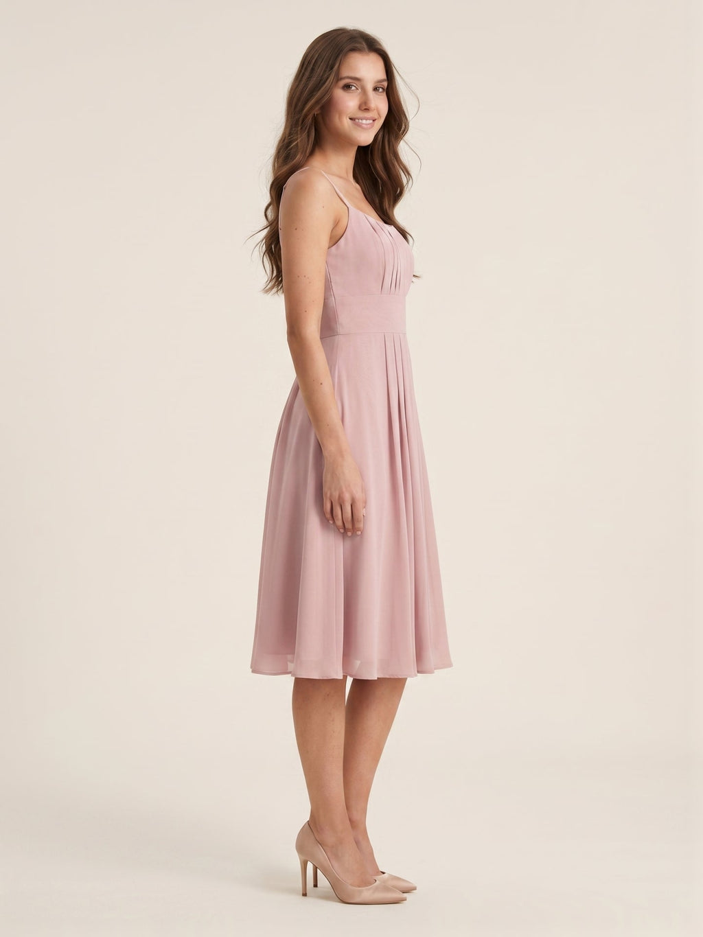 Coquette Dusty Rose Chiffon A-Line Straight Neck Back Zip with nan Knee-Length Bridesmaid Dress - Curvevia