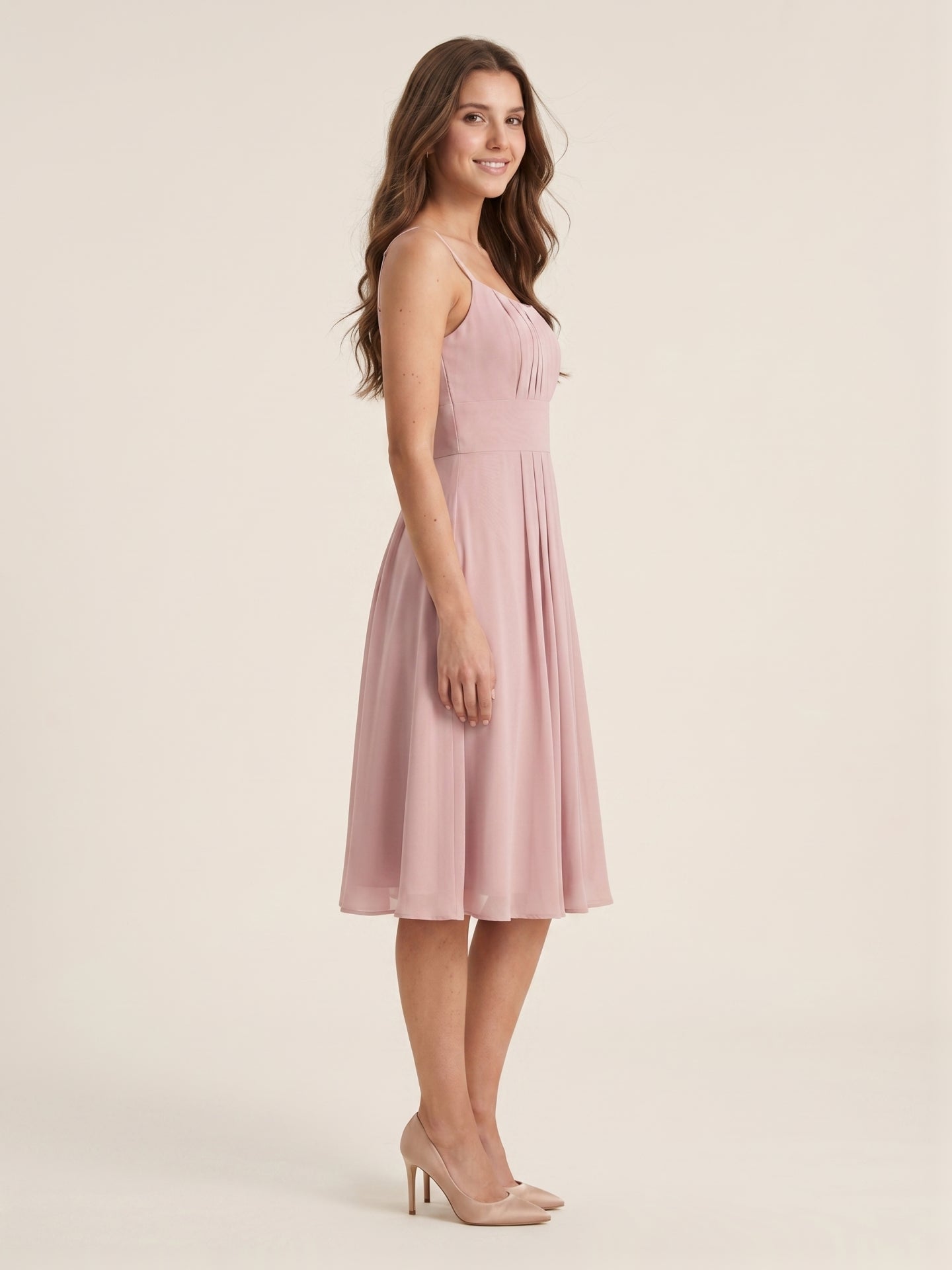 Coquette Dusty Rose Chiffon A-Line Straight Neck Back Zip with nan Knee-Length Bridesmaid Dress - Curvevia