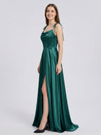Peacock Satin A-Line Cowl Neck Backless Floor-Length Pleated Bridesmaid Dress - Curvevia
