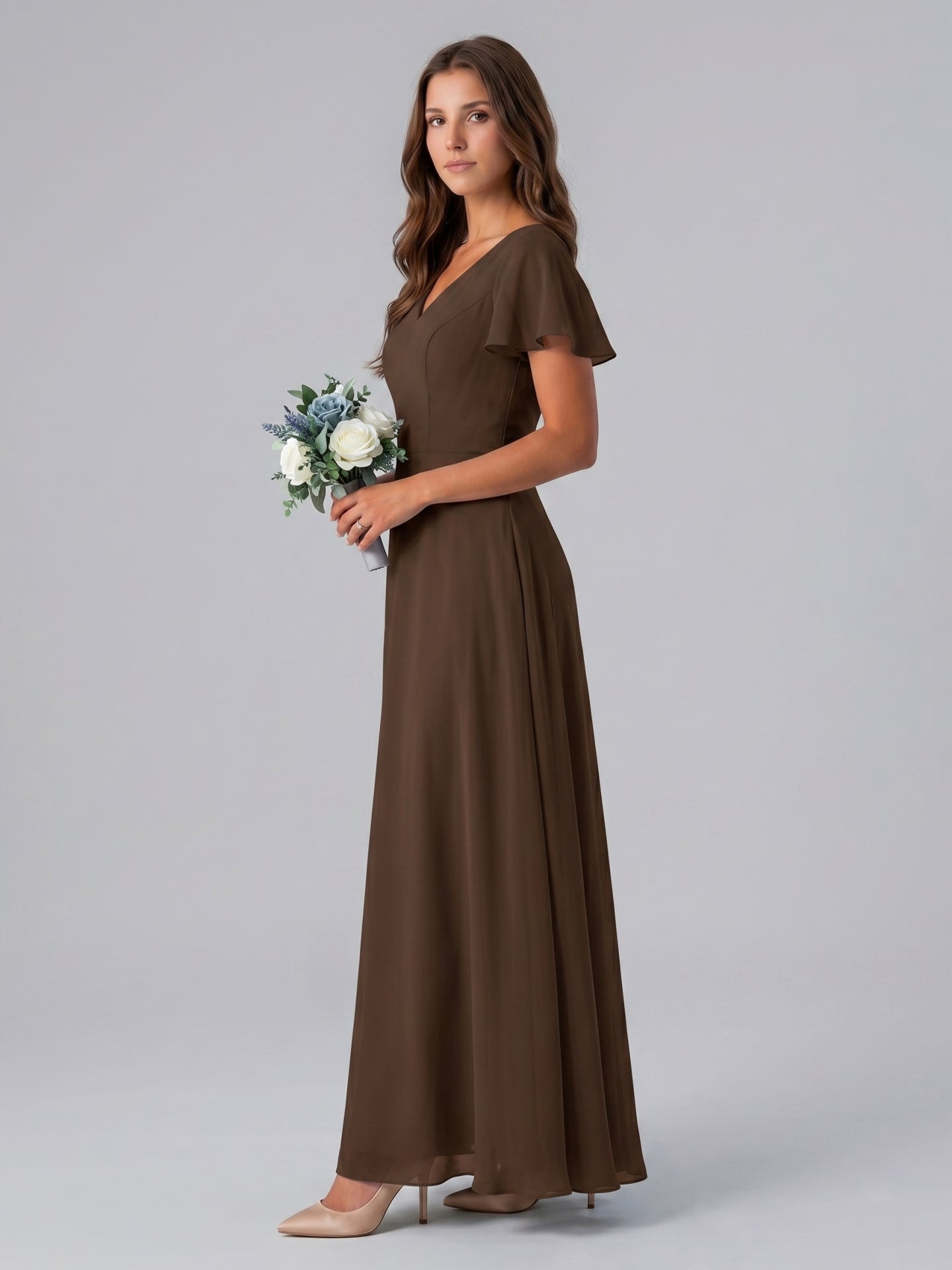 Mocha Chiffon A-Line V-Neck Keyhole Back Floor-Length Bridesmaid Dress - Curvevia