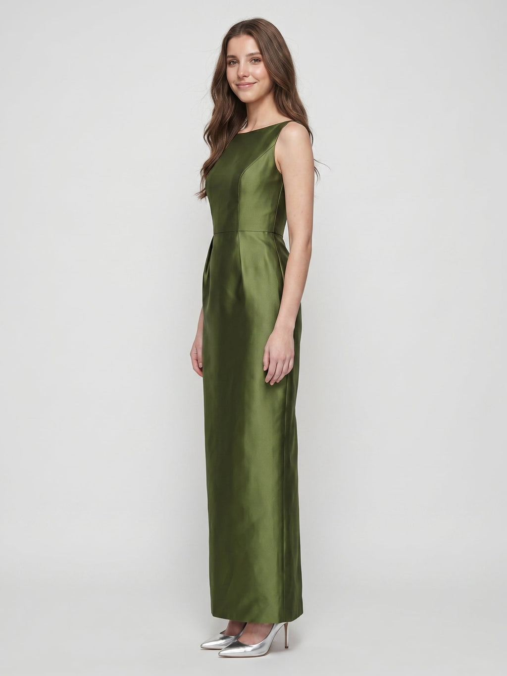 Olive Green Satin Column Straight Neck V-Back Floor-Length Bridesmaid Dress with Pockets - Curvevia