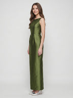 Olive Green Satin Column Straight Neck V-Back Floor-Length Bridesmaid Dress with Pockets - Curvevia