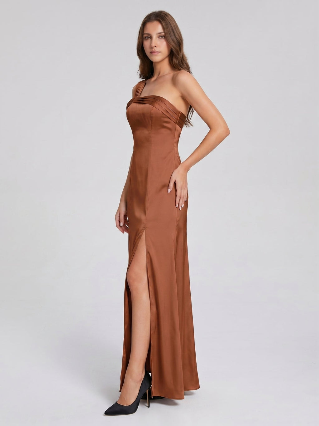 Terracotta Satin Column One Shoulder Backless Floor-Length Bridesmaid Dress - Curvevia