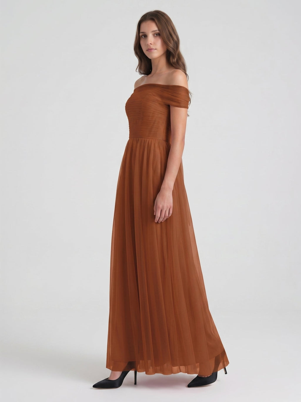 Terracotta Tulle A-Line Off-the-Shoulder Backless Floor-Length Bridesmaid Dress with Bow - Curvevia