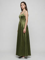 Olive Green Satin A-Line Scoop Neck Backless Floor-Length Bridesmaid Dress with Pockets - Curvevia