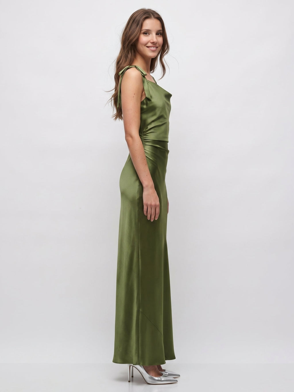 Olive Green Satin Mermaid Cowl Neck Backless Floor-Length Pleated Bridesmaid Dress - Curvevia