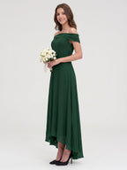 Forest Green Chiffon A-Line Off-the-Shoulder Back Zip Asymmetrical Bridesmaid Dress - Curvevia