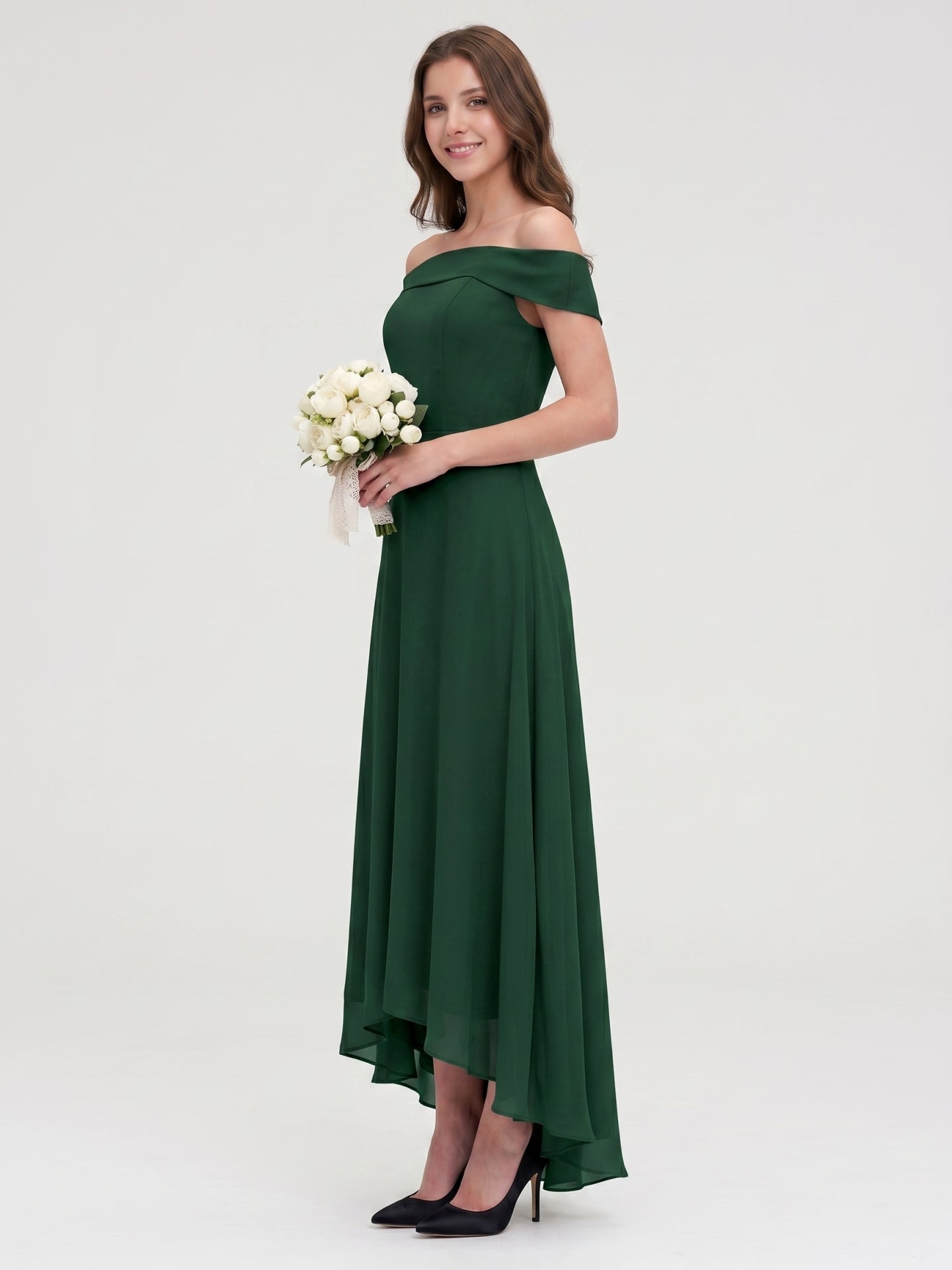 Forest Green Chiffon A-Line Off-the-Shoulder Back Zip Asymmetrical Bridesmaid Dress - Curvevia