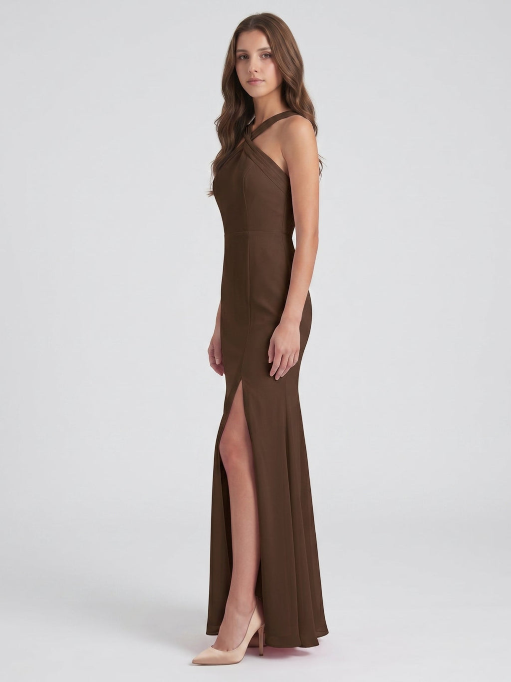 Mocha Chiffon Trumpet Halter Keyhole Back Ankle-Length Bridesmaid Dress - Curvevia