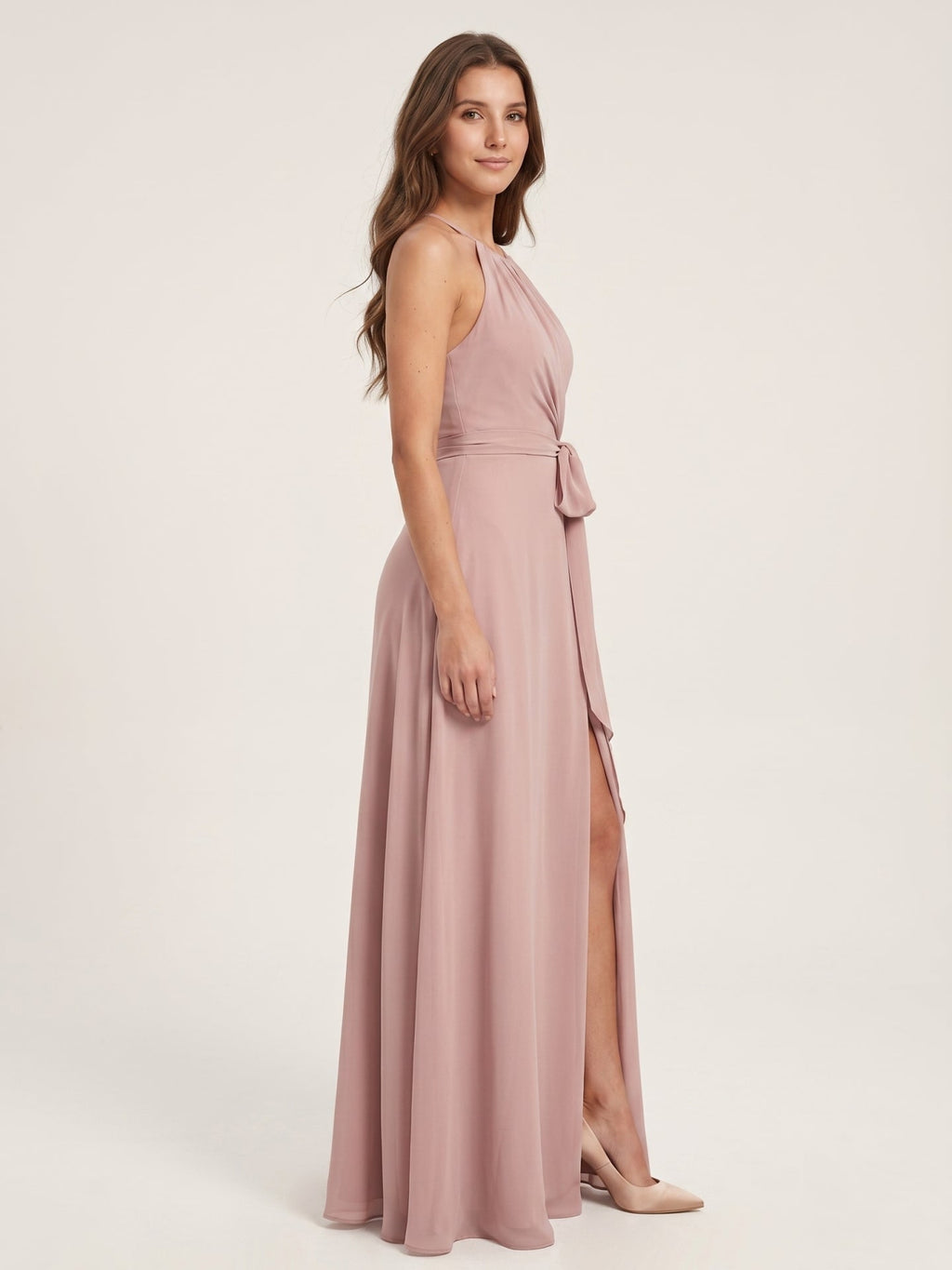 Coquette Dusty Rose Chiffon A-Line Halter neckline Back Zip Ankle-Length Bridesmaid Dress - Curvevia