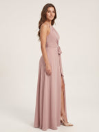 Coquette Dusty Rose Chiffon A-Line Halter neckline Back Zip Ankle-Length Bridesmaid Dress - Curvevia