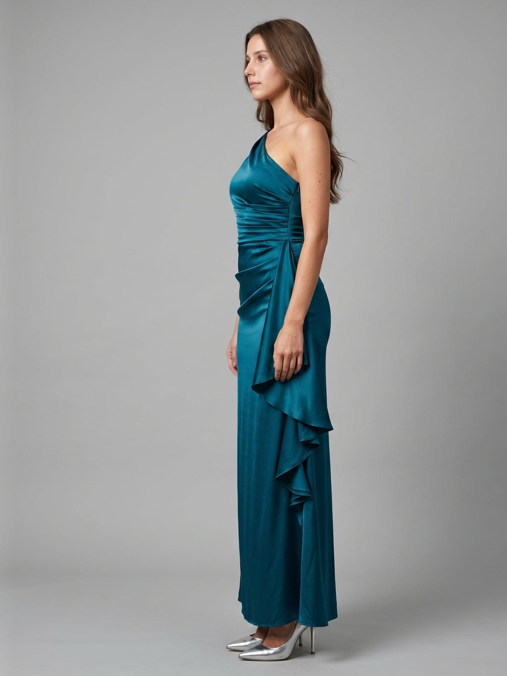 Teal Satin Sheath One Shoulder Side Zip Ankle-Length Ruffle Bridesmaid Dress - Curvevia