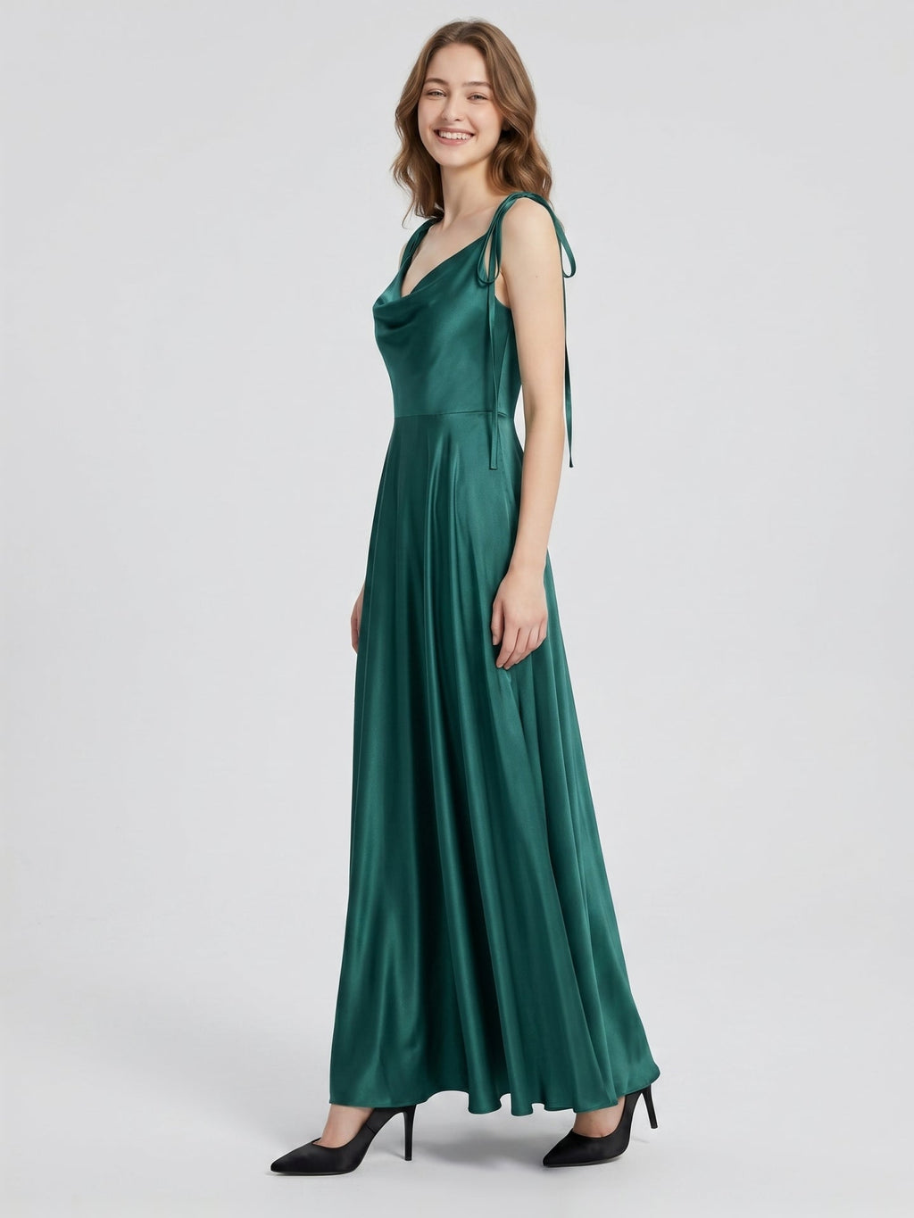 Peacock Satin A-Line Cowl Neck Back Zip Floor-Length Bridesmaid Dress with Bow - Curvevia