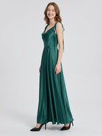 Peacock Satin A-Line Cowl Neck Back Zip Floor-Length Bridesmaid Dress with Bow - Curvevia