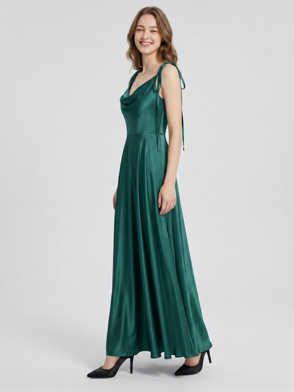 Peacock Satin A-Line Cowl Neck Back Zip Floor-Length Bridesmaid Dress with Bow - Curvevia