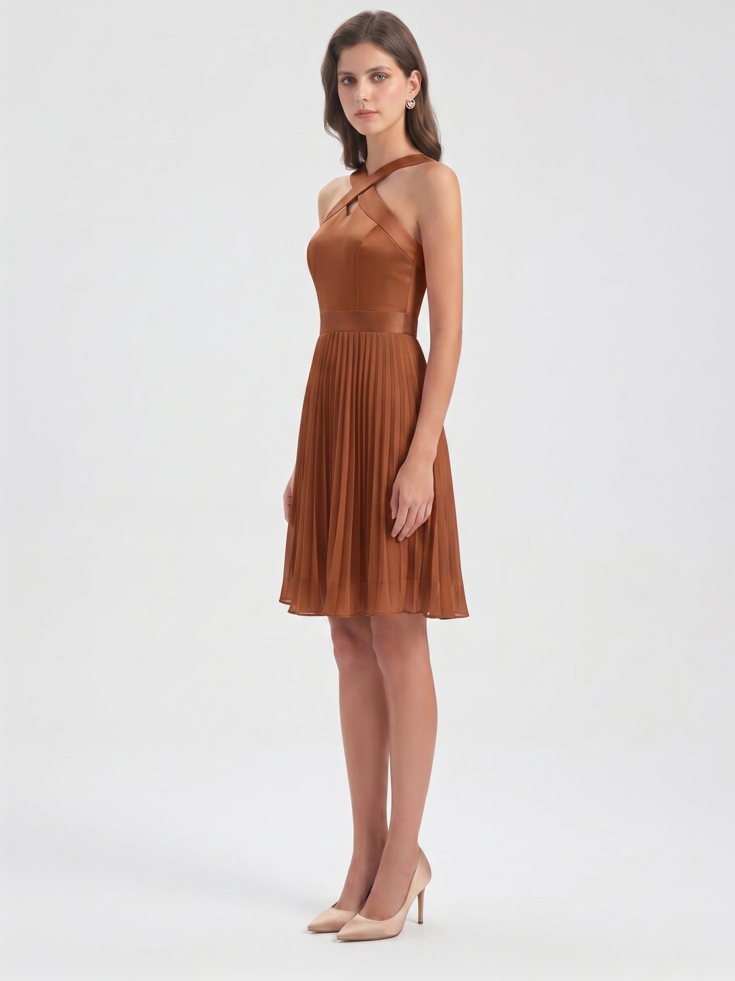 Terracotta Chiffon A-Line Halter Back Zip Knee-Length Pleated Bridesmaid Dress - Curvevia