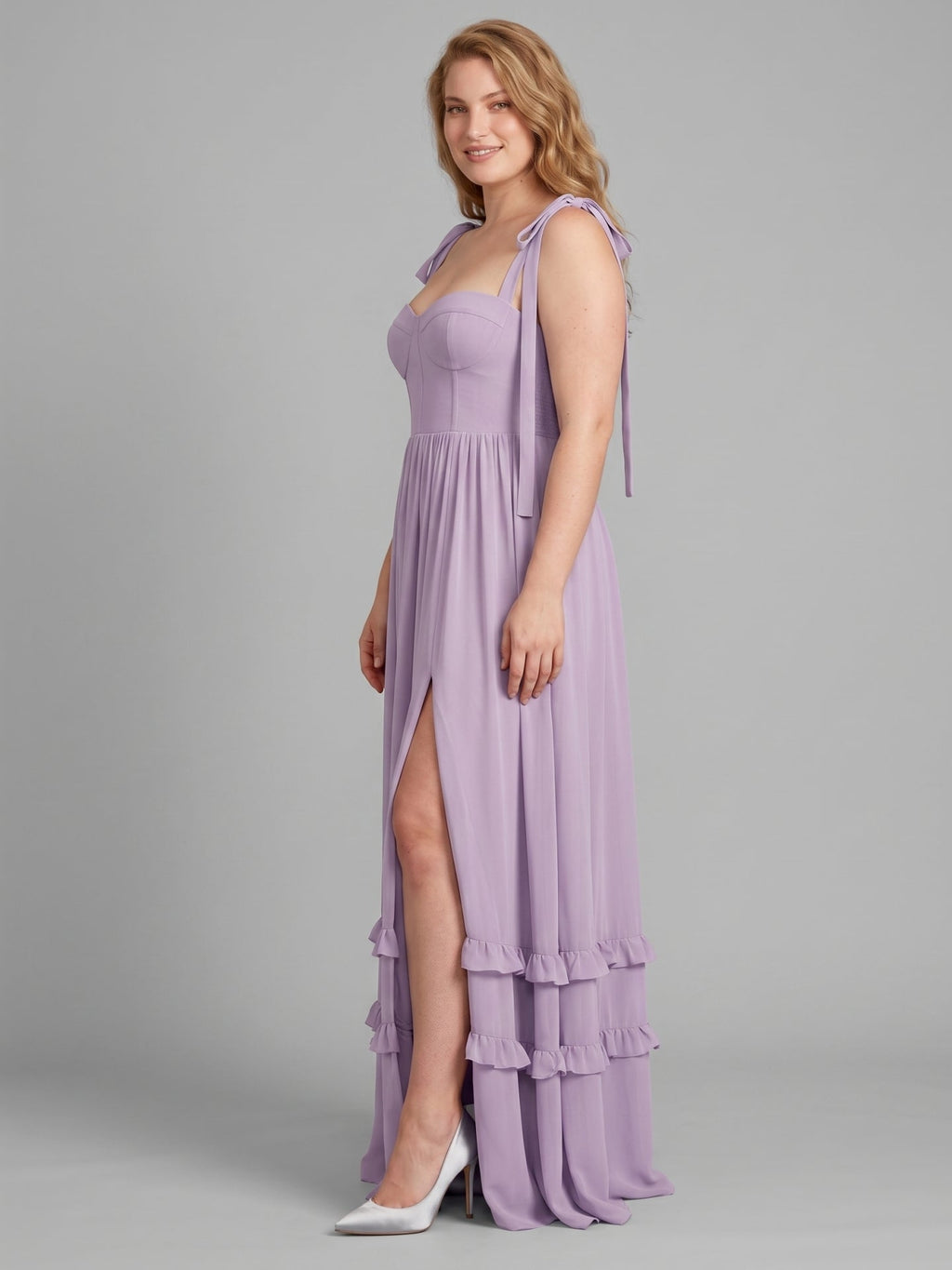 Coquette Lavender Chiffon A-Line Straight Neck Backless Ankle-Length Plus Size Bridesmaid Dress - Curvevia