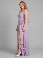 Coquette Lavender Chiffon A-Line Straight Neck Backless Ankle-Length Plus Size Bridesmaid Dress - Curvevia