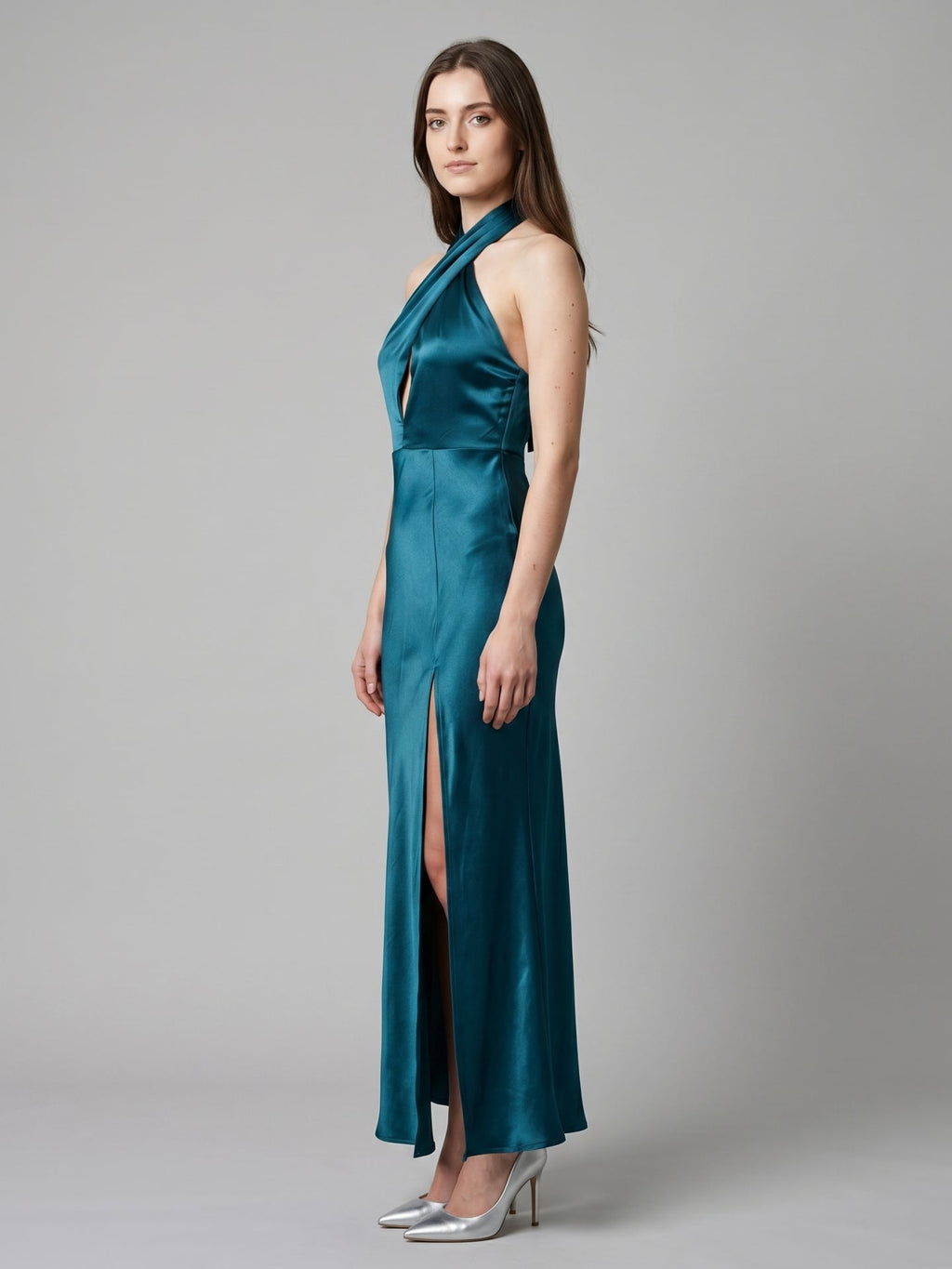 Teal Satin Sheath Halter Lace-Up Back Ankle-Length Bridesmaid Dress - Curvevia