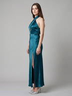 Teal Satin Sheath Halter Lace-Up Back Ankle-Length Bridesmaid Dress - Curvevia