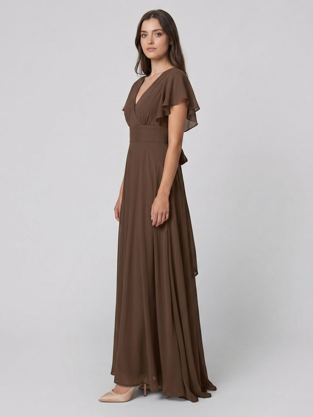 Mocha Chiffon A-Line V-Neck Back Zip Floor-Length Ruffle Bridesmaid Dress - Curvevia