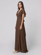 Mocha Chiffon A-Line V-Neck Back Zip Floor-Length Ruffle Bridesmaid Dress - Curvevia
