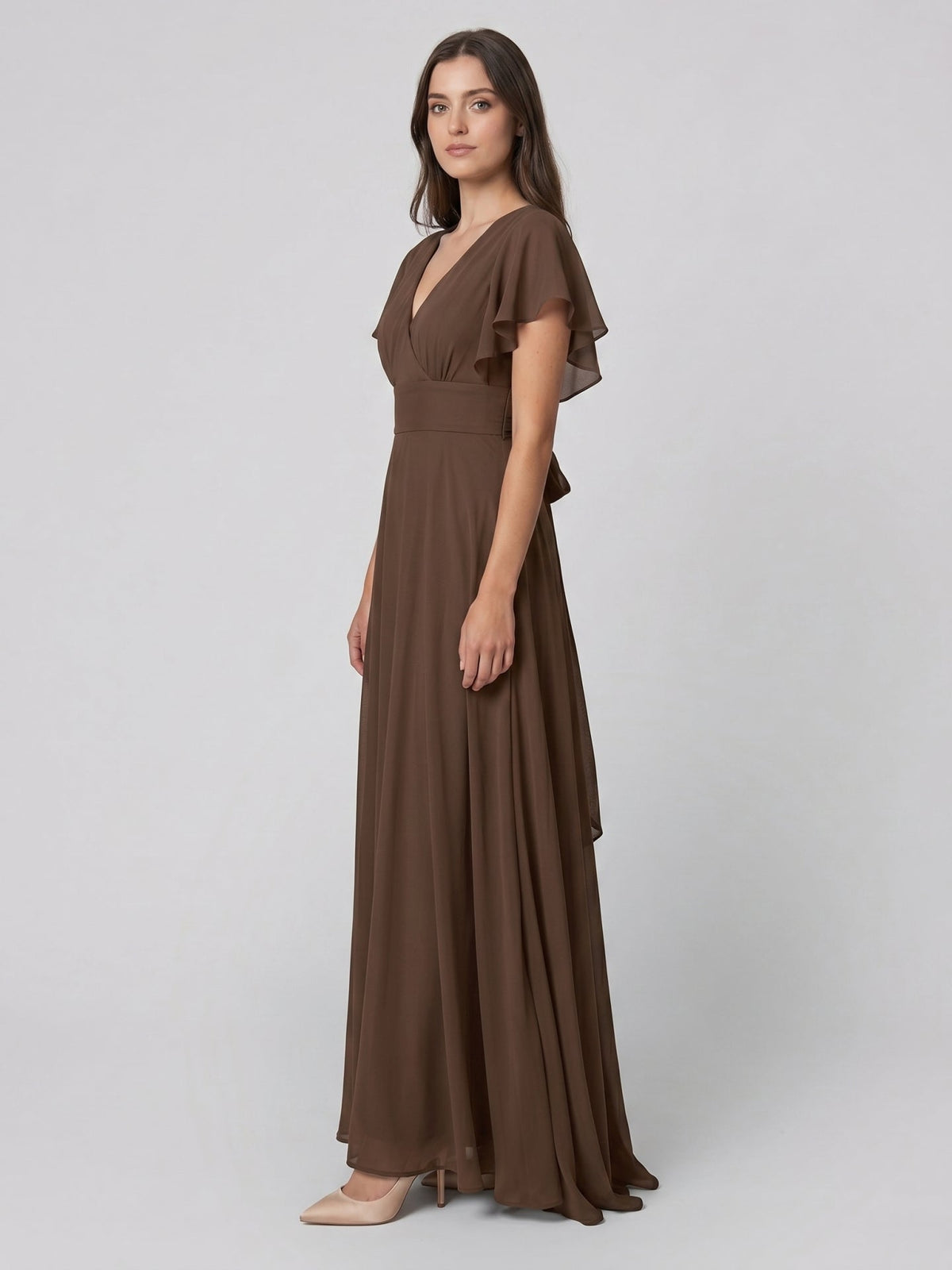 Mocha Chiffon A-Line V-Neck Back Zip Floor-Length Ruffle Bridesmaid Dress - Curvevia