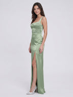 Elegant Dusty Sage Satin A-Line Square Neck Ankle-Length Bridesmaid Dress - Curvevia