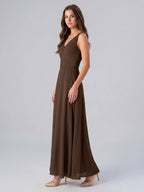 Mocha Chiffon A-Line V-Neck V-Back Floor-Length Bridesmaid Dress with Pockets - Curvevia