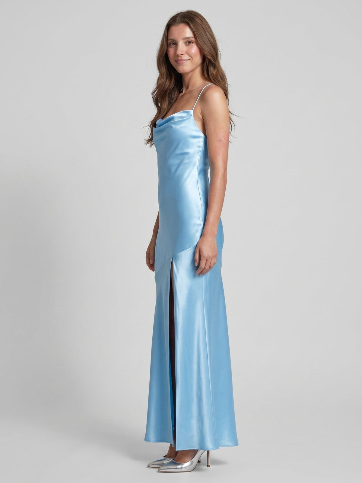 Ethereal Sky Blue Satin Sheath Straight Neck Backless Ankle-Length Bridesmaid Dress - Curvevia