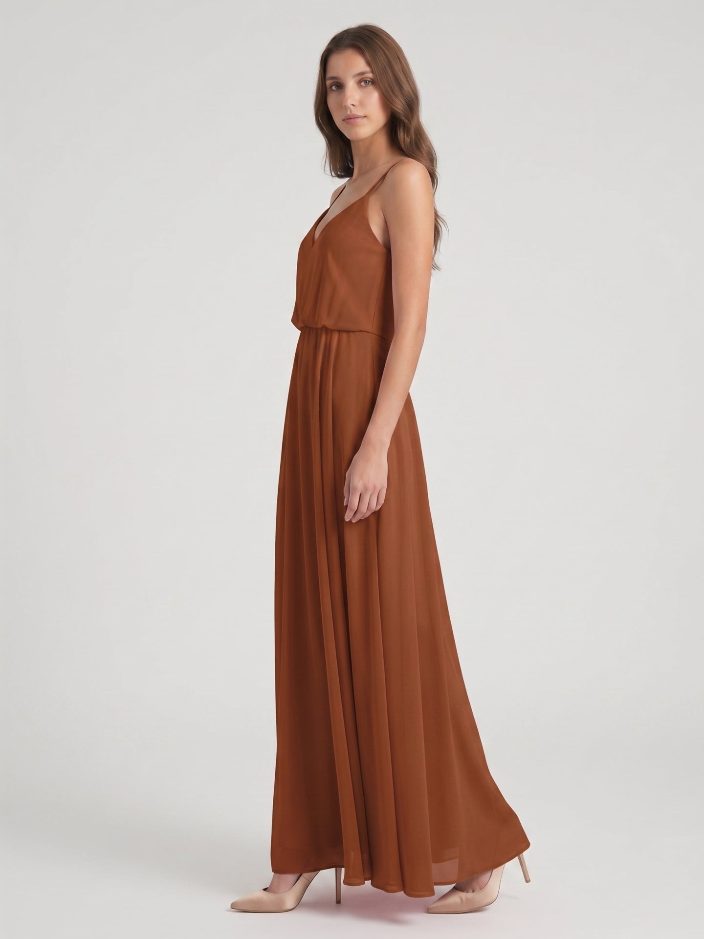 Terracotta Chiffon A-Line V-Neck Backless Floor-Length Bridesmaid Dress - Curvevia