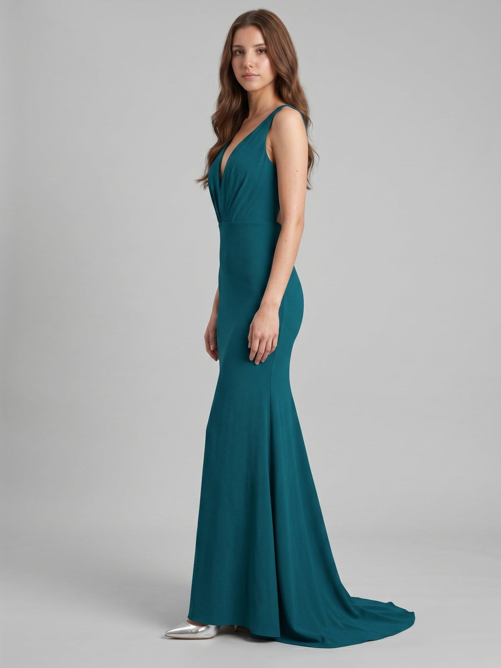 Teal Stretch Knit Mermaid V-Neck Backless Floor-Length Bridesmaid Dress - Curvevia
