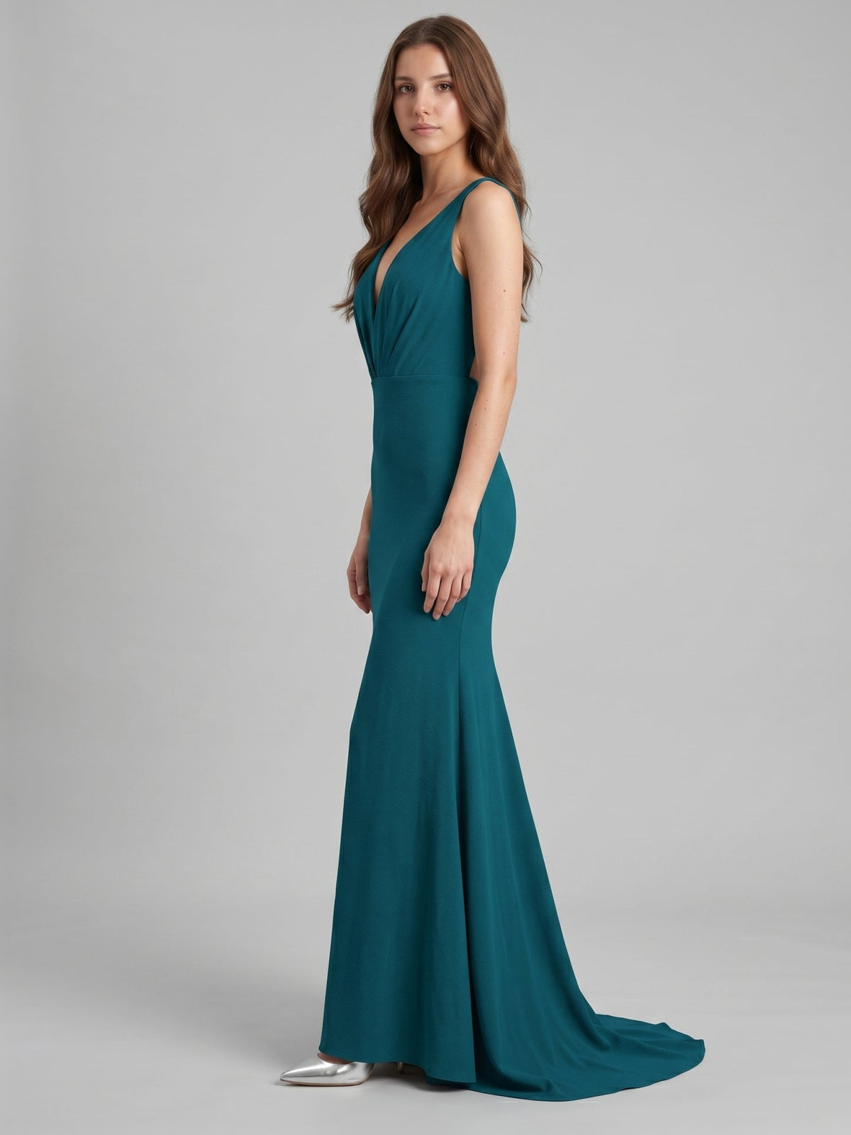 Teal Stretch Knit Mermaid V-Neck Backless Floor-Length Bridesmaid Dress - Curvevia