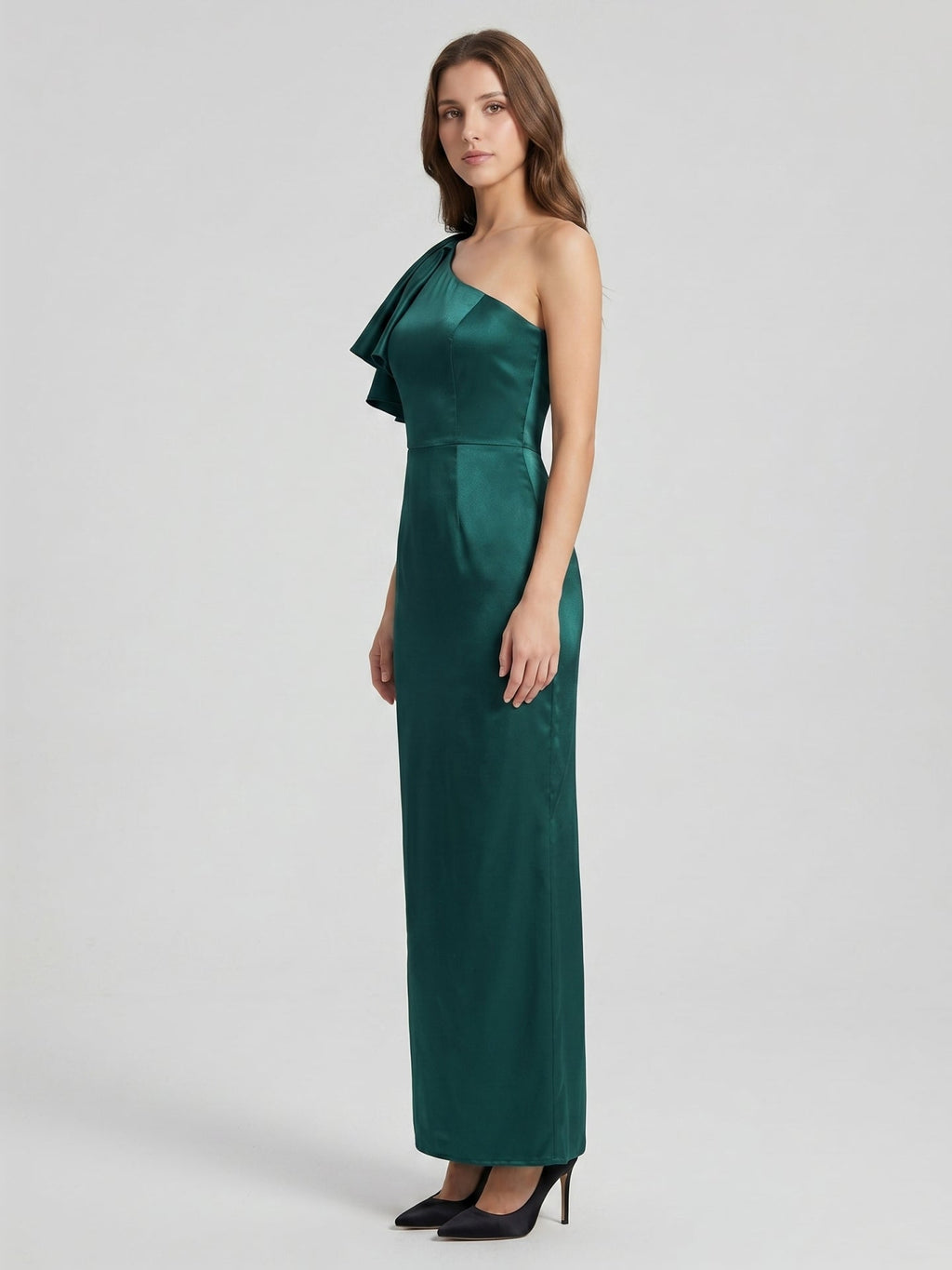 Peacock Satin Sheath One Shoulder Back Zip Floor-Length Ruffle Bridesmaid Dress - Curvevia