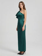 Peacock Satin Sheath One Shoulder Back Zip Floor-Length Ruffle Bridesmaid Dress - Curvevia