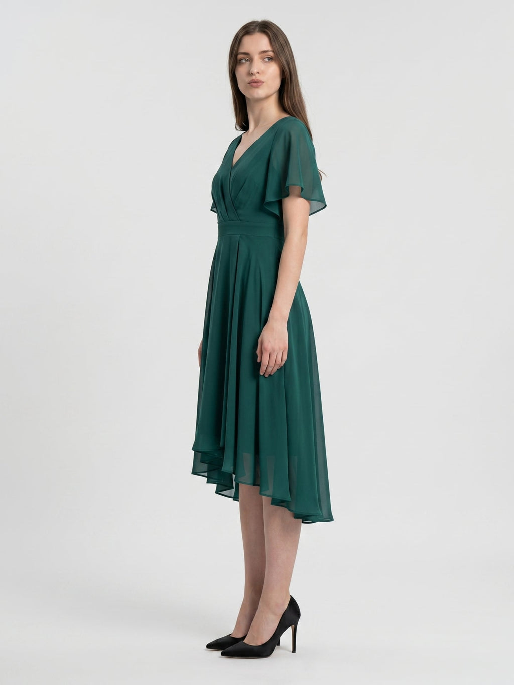 Peacock Chiffon A-Line V-Neck Back Zip Asymmetrical Pleated Bridesmaid Dress - Curvevia