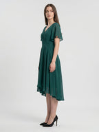 Peacock Chiffon A-Line V-Neck Back Zip Asymmetrical Pleated Bridesmaid Dress - Curvevia