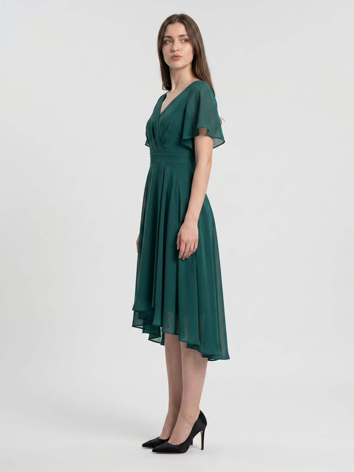 Peacock Chiffon A-Line V-Neck Back Zip Asymmetrical Pleated Bridesmaid Dress - Curvevia