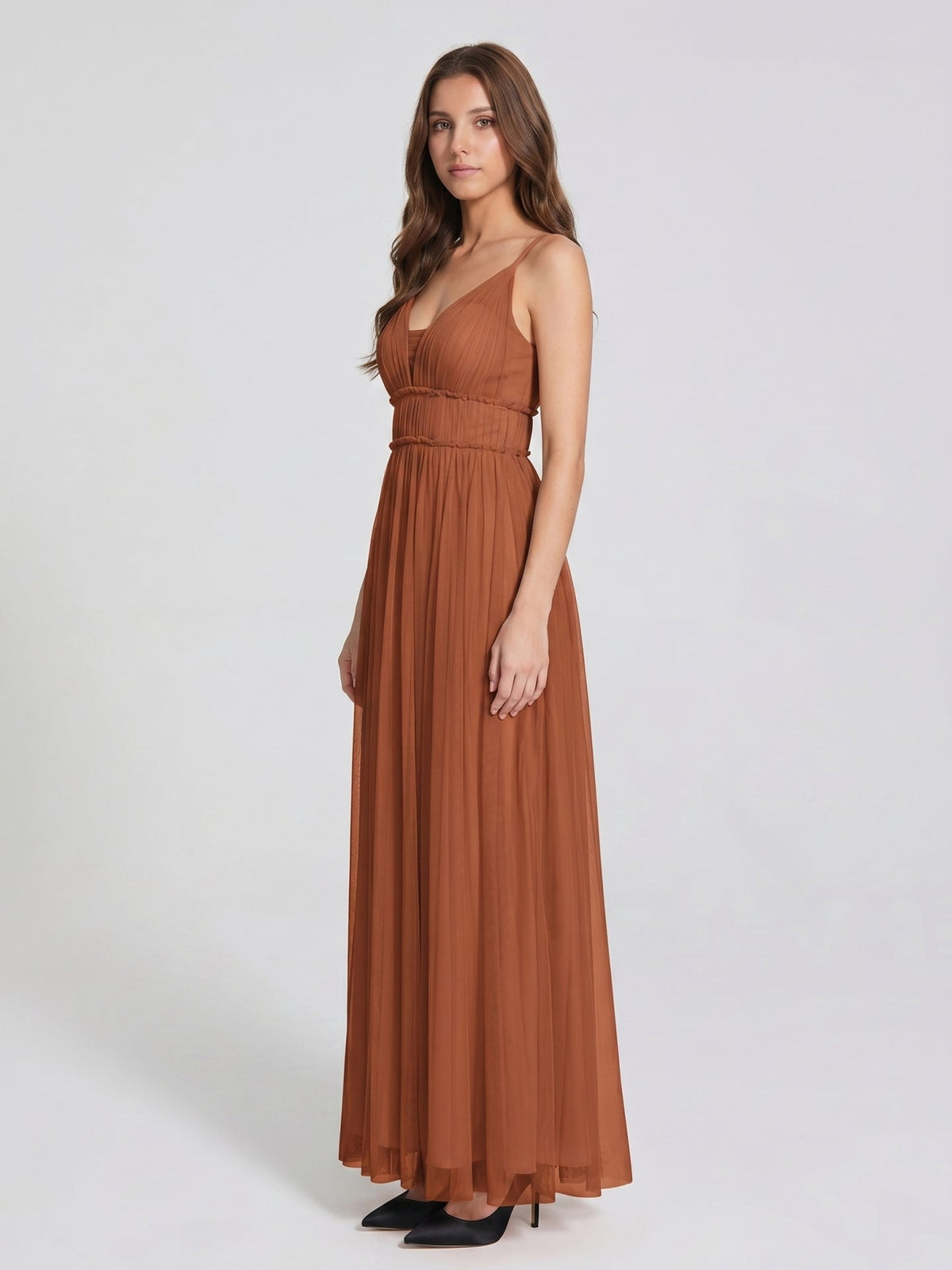 Terracotta Tulle A-Line V-Neck Backless Floor-Length Pleated Bridesmaid Dress - Curvevia